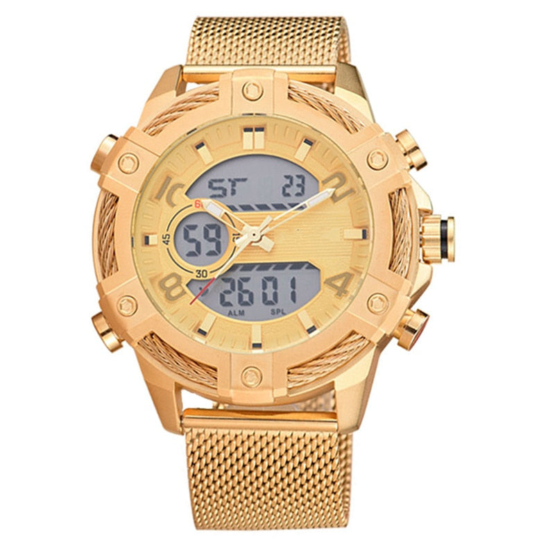 Men's Luxury Casual Golden Digital LED Military Quartz Dual Display Watches
