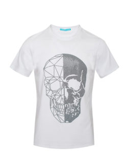 White T-Shirt with Skull Design and Black Crystals 1039 BAKLLIN-8010